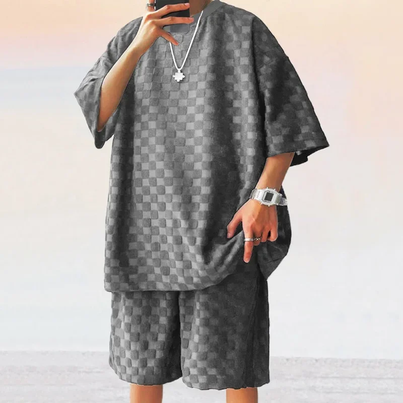 Men's Summer Checkered Loose Two-piece Sports Leisure Suit Short Sleeve T-shirt Shorts Casual Suit Plus Size Fashion Men's Suit - Image 4