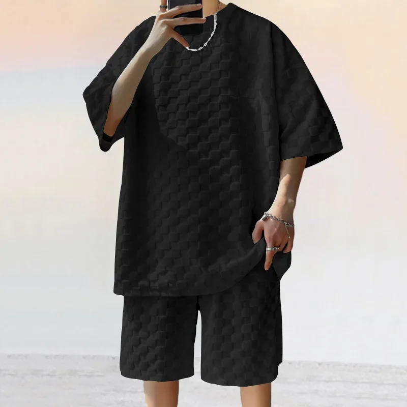 Men's Summer Checkered Loose Two-piece Sports Leisure Suit Short Sleeve T-shirt Shorts Casual Suit Plus Size Fashion Men's Suit - Image 3