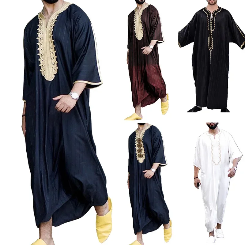 Men Muslim Summer Fashion Loose Robe Islam Kaftan Men Clothing Dubai Luxury Muslim Abaya Muslim V-neck Short Sleeve Printing - Image 2