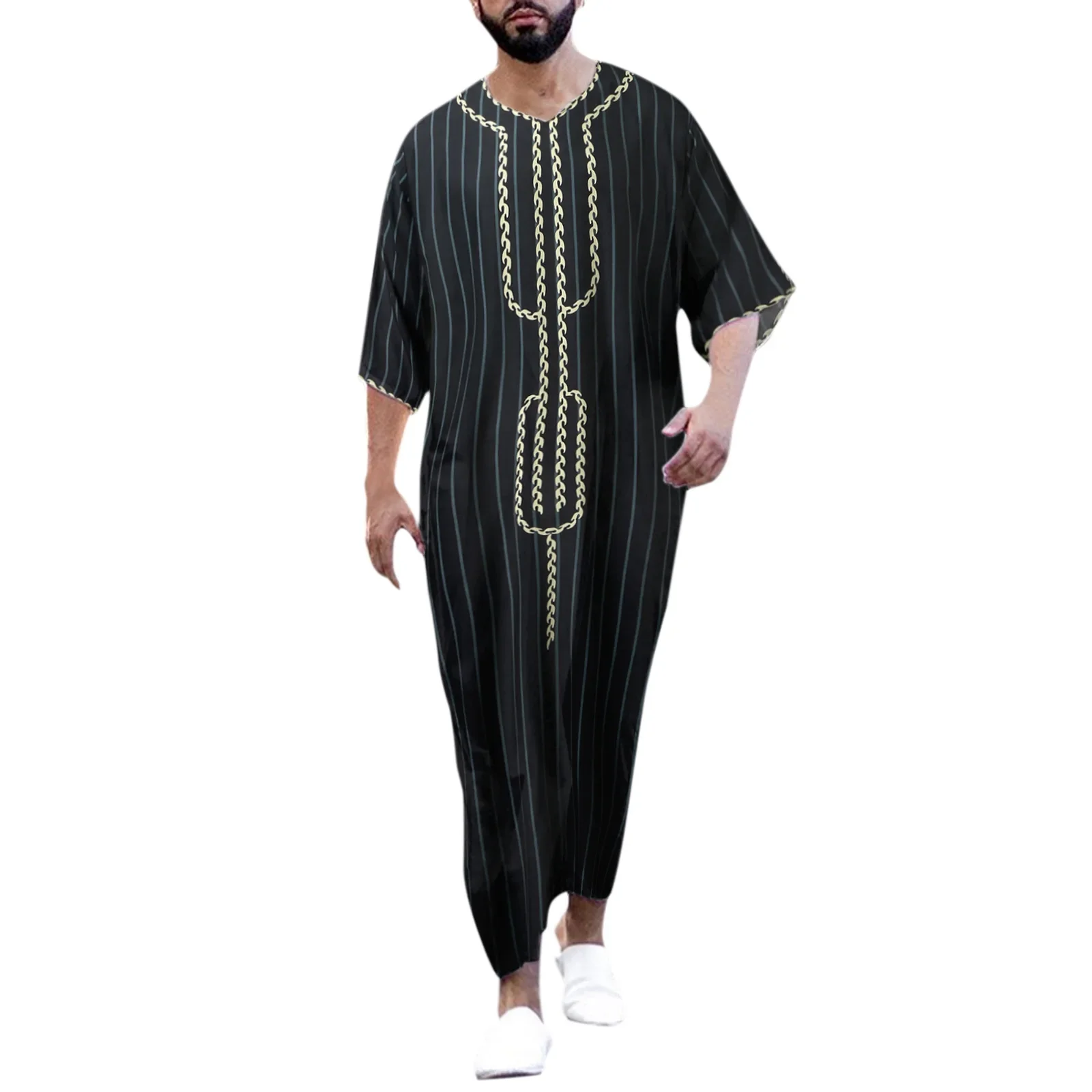 2024 Islam Men Clothing Kaftan Muslim Fashion Robe Embroidered Loose and Breathable V-neck Mid-sleeve Robe Man Muslim Dress Eid - Image 3