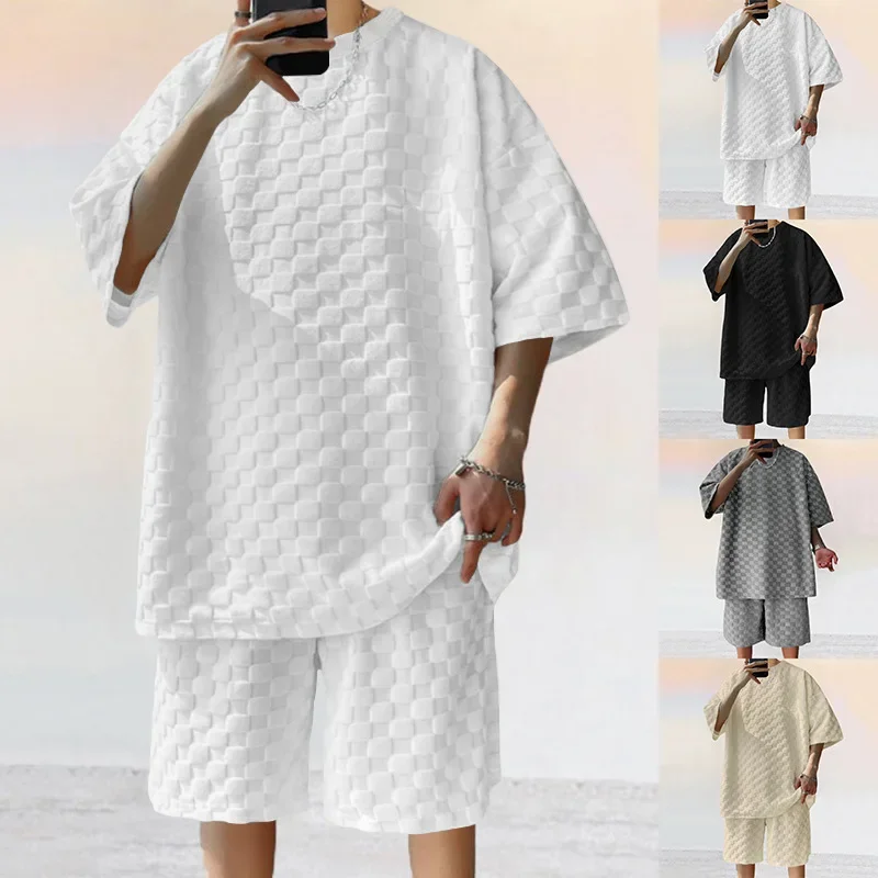 Men's Summer Checkered Loose Two-piece Sports Leisure Suit Short Sleeve T-shirt Shorts Casual Suit Plus Size Fashion Men's Suit - Image 2