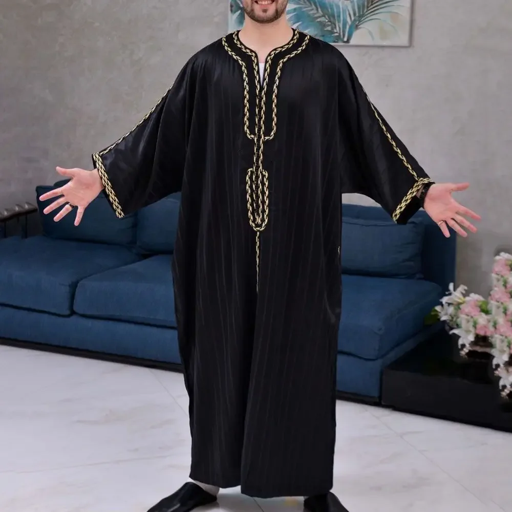 Men Muslim Summer Fashion Loose Robe Islam Kaftan Men Clothing Dubai Luxury Muslim Abaya Muslim V-neck Short Sleeve Printing - Image 4