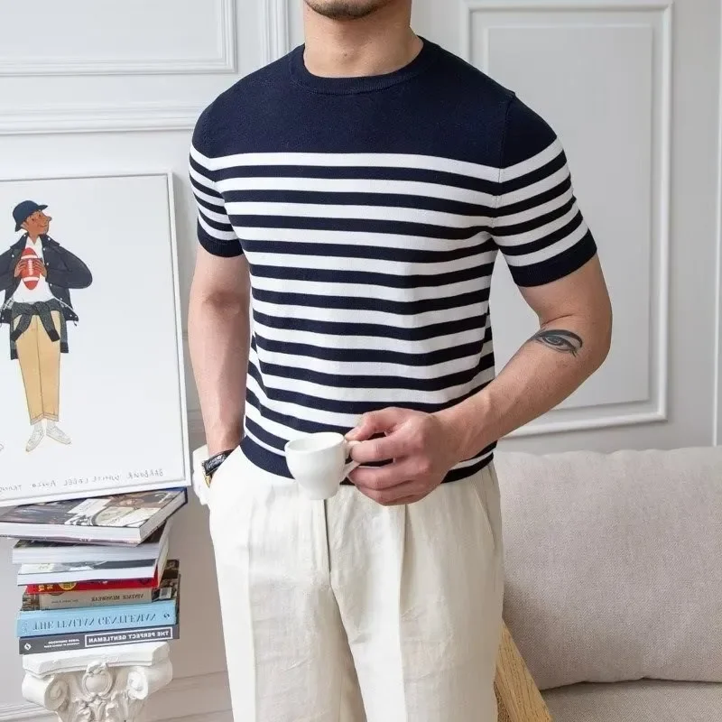 Men's Light Ripe Wind Round Neck Striped Knit Short Sleeve T-shirt Retro Casual Business Spring Summer Top Half Sleeve T-shirt - Image 4