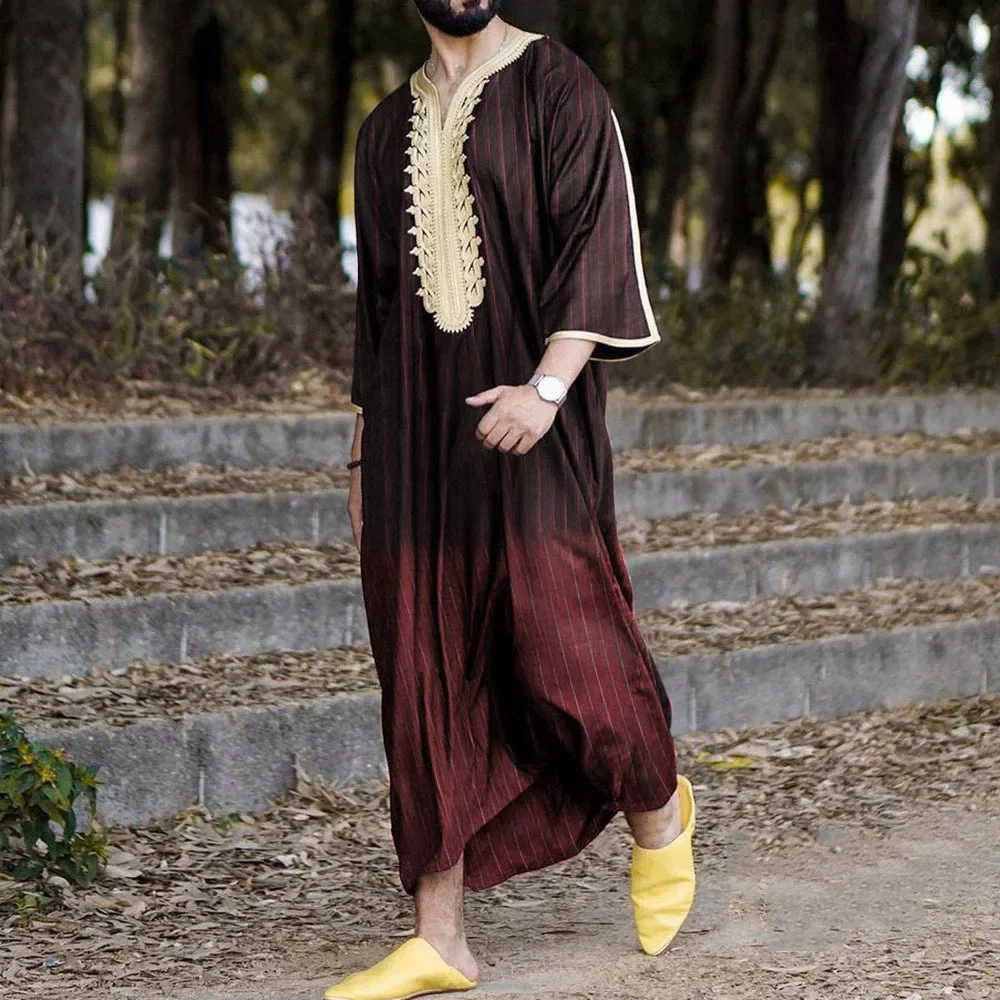 Men Muslim Summer Fashion Loose Robe Islam Kaftan Men Clothing Dubai Luxury Muslim Abaya Muslim V-neck Short Sleeve Printing - Image 5
