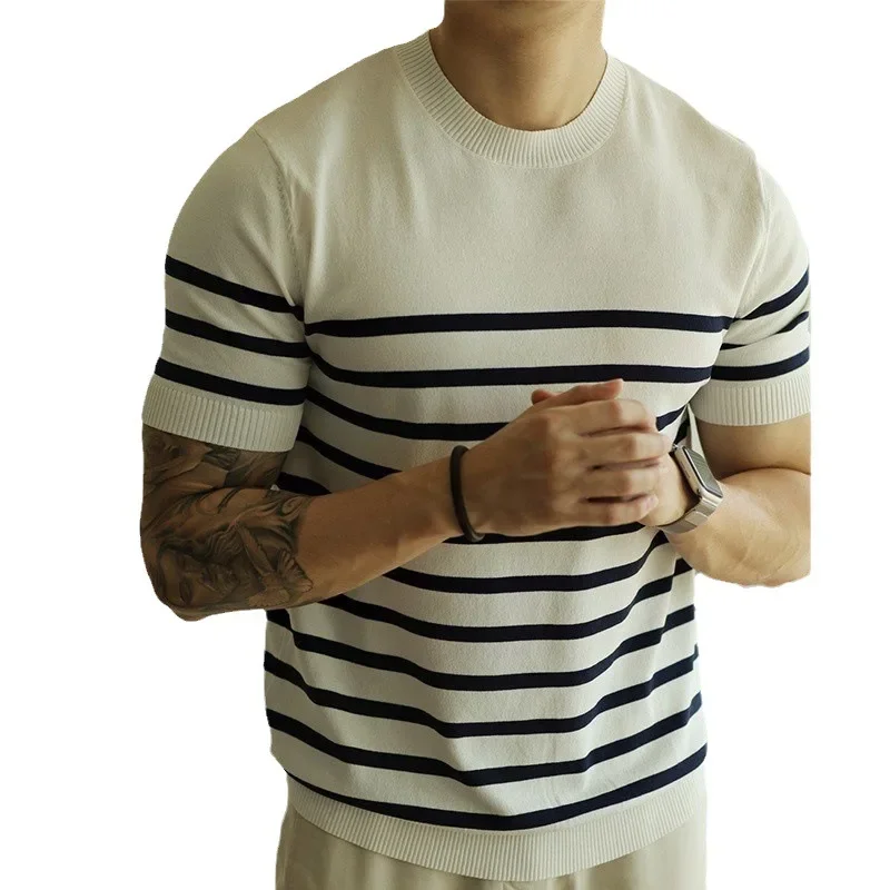 Men's Light Ripe Wind Round Neck Striped Knit Short Sleeve T-shirt Retro Casual Business Spring Summer Top Half Sleeve T-shirt - Image 3