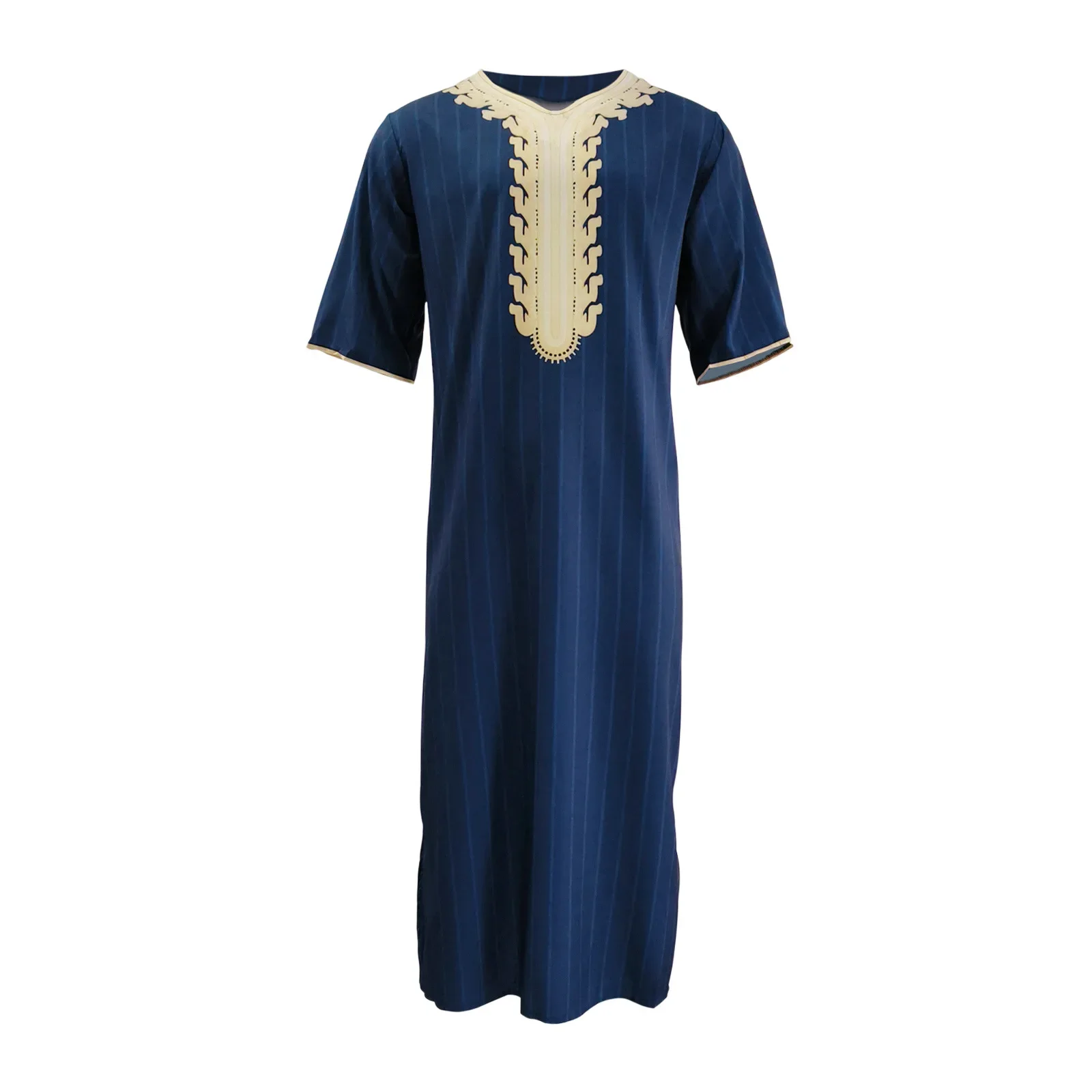 Men Muslim Summer Fashion Loose Robe Islam Kaftan Men Clothing Dubai Luxury Muslim Abaya Muslim V-neck Short Sleeve Printing - Image 6