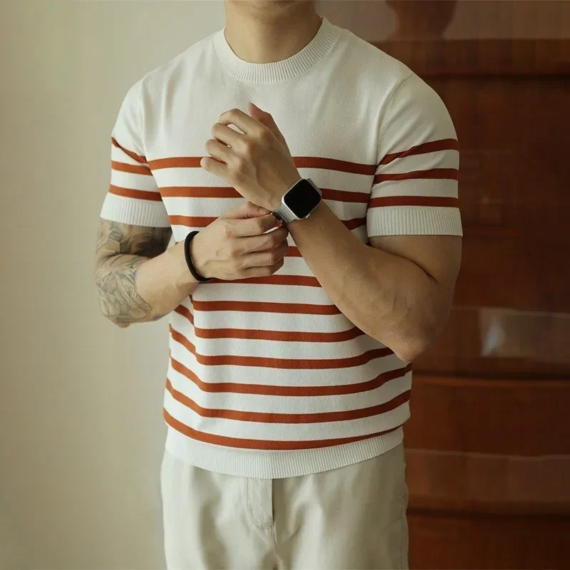 Men's Light Ripe Wind Round Neck Striped Knit Short Sleeve T-shirt Retro Casual Business Spring Summer Top Half Sleeve T-shirt - Image 2